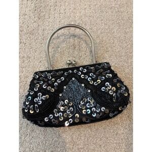 Bijoux Terner Evening Bag Small Black Beaded Sequin Satin Kiss Lock Clutch